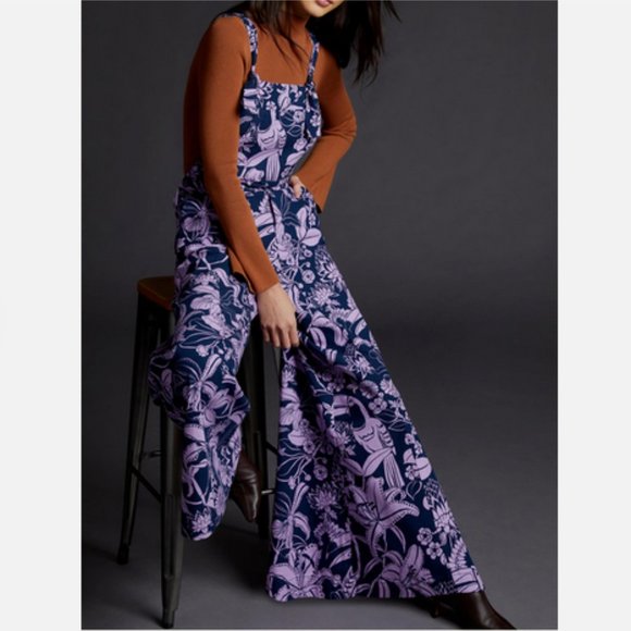 Farm Rio Anthropologie M NWT Wide Leg Overalls Jumpsuit Toucans Medium Blue - Picture 2 of 8